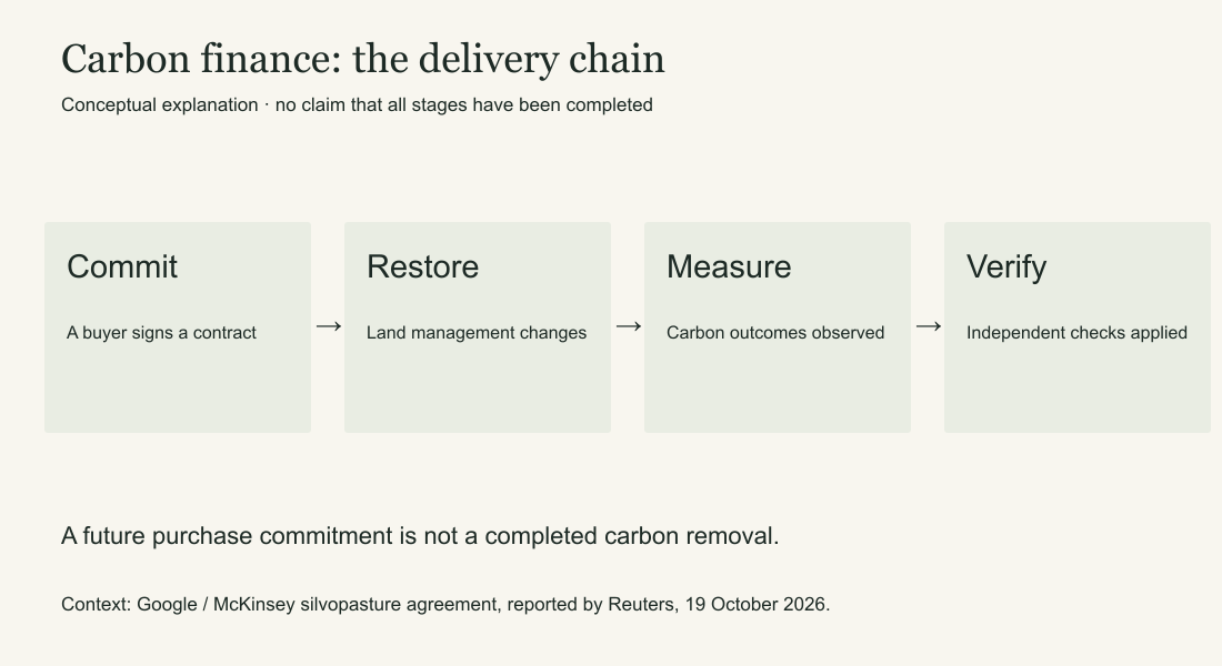 Conceptual sequence: commitment, restoration, measurement and verification. Stages are not completed outcomes.