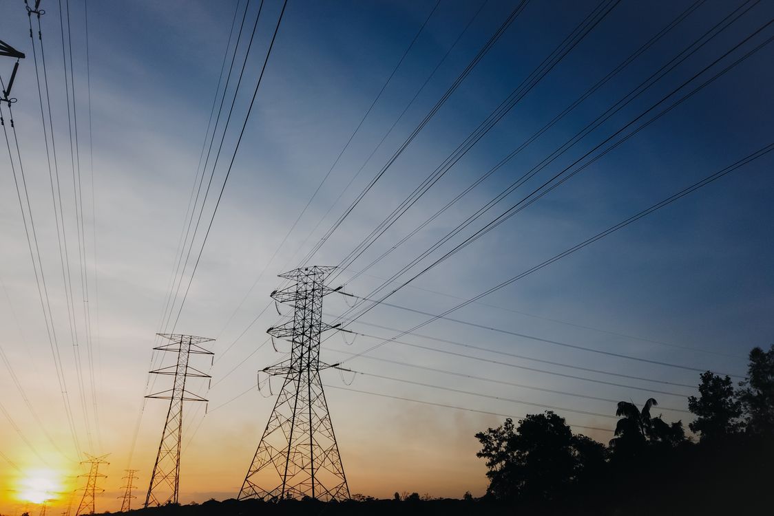 Electricity transmission lines at sunset