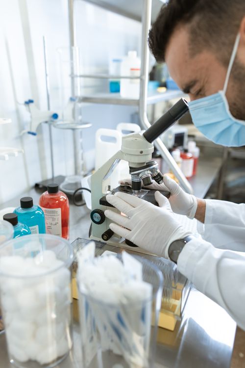 Scientist examining a sample with a microscope in a laboratory